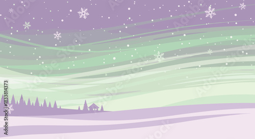 A serene winter landscape illustration featuring the aurora borealis in a purple and green sky, with falling snow over a forest.