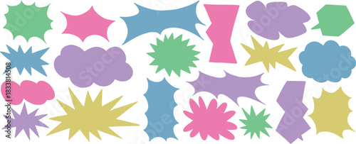 Colorful abstract speech bubble and comic explosion shape collection for graphic design. Vibrant pastel blobs and starbursts ideal for stickers, labels, and playful layouts. Modern editable vector