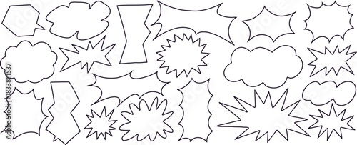 Outline comic speech bubbles and explosion shapes for dynamic graphic design. Hand-drawn blank frames perfect for dialogue, captions, and creative layouts. Clean editable vector set for comics, poster