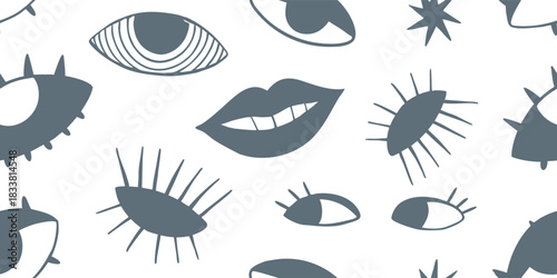 Stylized eyes and lips icon set for modern graphic design. Minimal abstract facial expressions ideal for fashion, branding, and creative illustrations. Clean vector collection for posters, prints, 