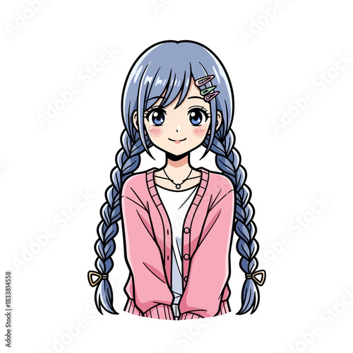 Charming anime girl with braids and a sweet smile, radiating youthful energy and modern style for creative projects and character designs, perfect for illustration