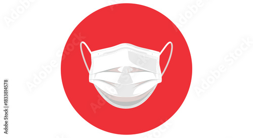 A vector illustration of a white disposable face mask inside a solid red circle, symbolizing protection during a pandemic.