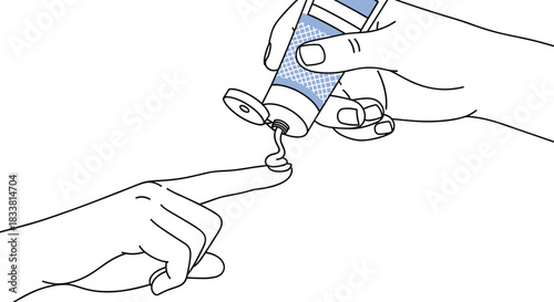 A clear, black and white line art illustration showing a hand squeezing medicinal cream or ointment from a tube onto a finger.