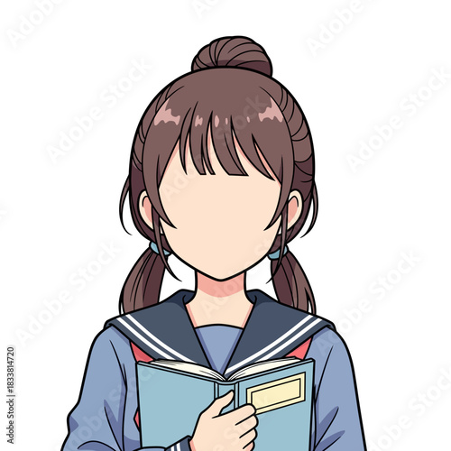 Anime girl in sailor uniform reading a book with faceless design, ready to personalize for creative projects or educational resources and unique character creation