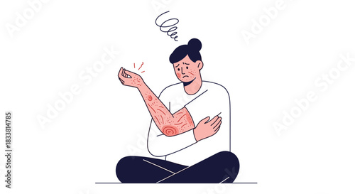 An illustration of a distressed person suffering from a skin condition like eczema or an allergic rash on their arm.