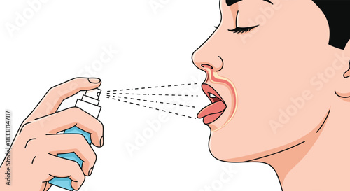 A close-up illustration of a person using a spray for oral hygiene or to treat a sore throat, aiming it into their mouth.