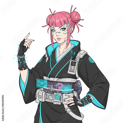 Stunning cyberpunk geisha with pink hair and futuristic kimono, perfect for sci-fi, gaming, or anime-themed designs with a unique modern twist