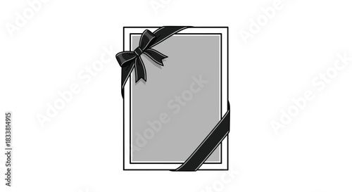 A simple and somber mourning frame with a black ribbon tied in a bow at the corner, used for obituaries or condolences.
