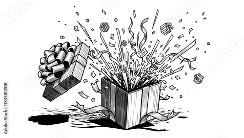 Exploding gift box with confetti and streamers, a celebratory surprise illustration.