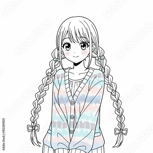 Adorable manga-style girl with long braids and colorful cardigan, perfect for kawaii designs, anime projects, and youthful fashion illustrations