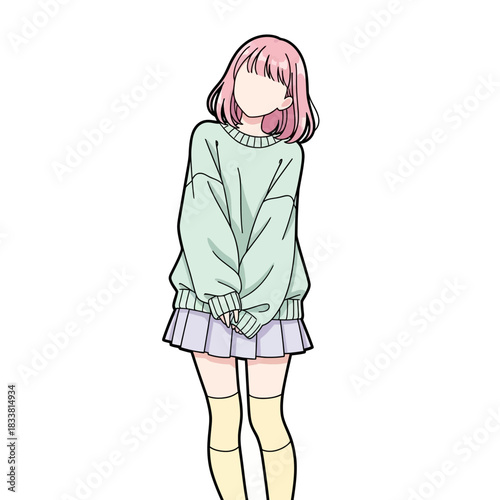 Charming anime girl with pink hair and oversized sweater exuding youthful energy and playful innocence, perfect for manga, illustration, and graphic design