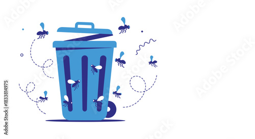 A blue trash can with the lid slightly ajar attracts a swarm of buzzing flies against a clean white background with copy space.