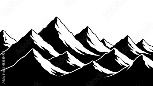 A black and white graphic illustration depicting a range of sharp, jagged mountain peaks with contrasting shadows and highlights.