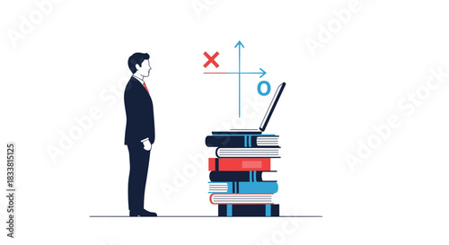 A businessman in a suit stands before a stack of books with a laptop, analyzing a simple strategic X and O coordinate graph.