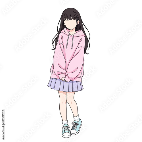 Cute cartoon character with pink hoodie and pleated skirt for youthful designs and marketing materials, bringing a touch of kawaii sweetness