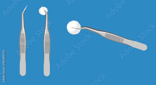 A set of realistic stainless steel dental tweezers is shown from multiple angles, including one holding a cotton pellet.