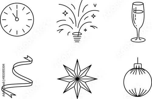 New Year's Eve Celebration Icons: Clock, Fireworks, Champagne, Ribbon, Star, Ornament