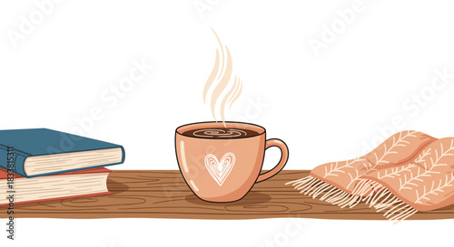 A cozy and warm scene on a wooden shelf features a steaming mug of coffee, a stack of books, and a soft plaid blanket.