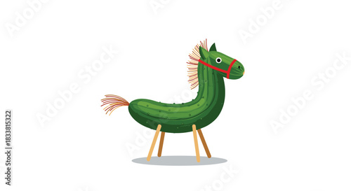 A whimsical children's craft illustration shows a green cucumber shaped like a horse with a red bridle and wooden stick legs.