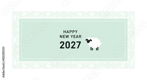A minimalist New Year's greeting card for 2027 features a simple sheep illustration and modern typography on a pastel green panel.
