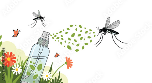 An illustration of a natural insect repellent spray bottle in a garden, effectively warding off mosquitoes with a mist of leaves.