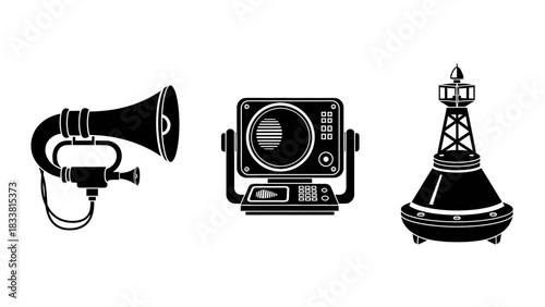 Black and white silhouettes of marine navigation and communication equipment including a foghorn, radar, and navigational buoy.