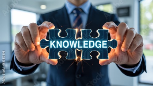 Business professional illuminates digital puzzle piece displaying the word knowledge