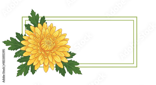 A beautiful yellow chrysanthemum with lush green leaves adorns the corner of a simple double-lined rectangular green frame.