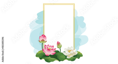 A delicate vertical golden frame is beautifully adorned with pink and white lotus flowers and leaves on a soft blue watercolor wash.