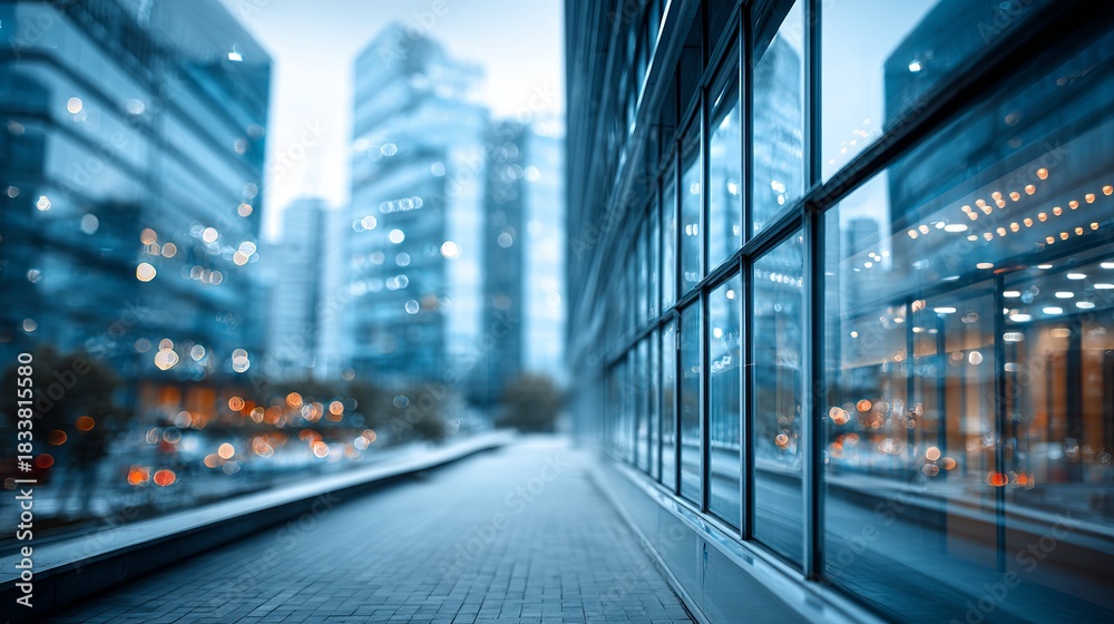 Obraz premium Modern city architecture with glass windows reflecting urban lights, capturing a dynamic and vibrant cityscape for inspiring business and travel designs