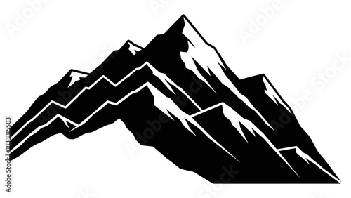 A stylized black and white illustration of a rugged mountain range with sharp peaks and valleys, depicting a dramatic and imposing natural landscape.