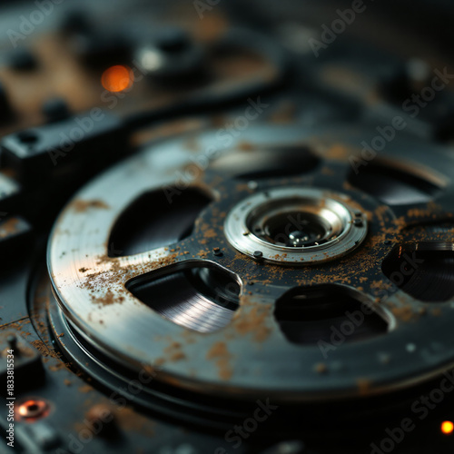 Wallpaper Mural Close-up of a rusty, vintage reel-to-reel tape recorder mechanism with metallic reel and warm lighting. Torontodigital.ca