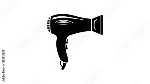 Black silhouette of a modern electric hairdryer on a white background.