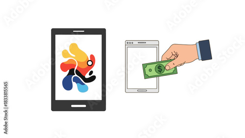 Illustration of a mobile payment transaction for purchasing a digital product or application online