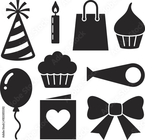 Black party icons including hat balloon cupcake and bow