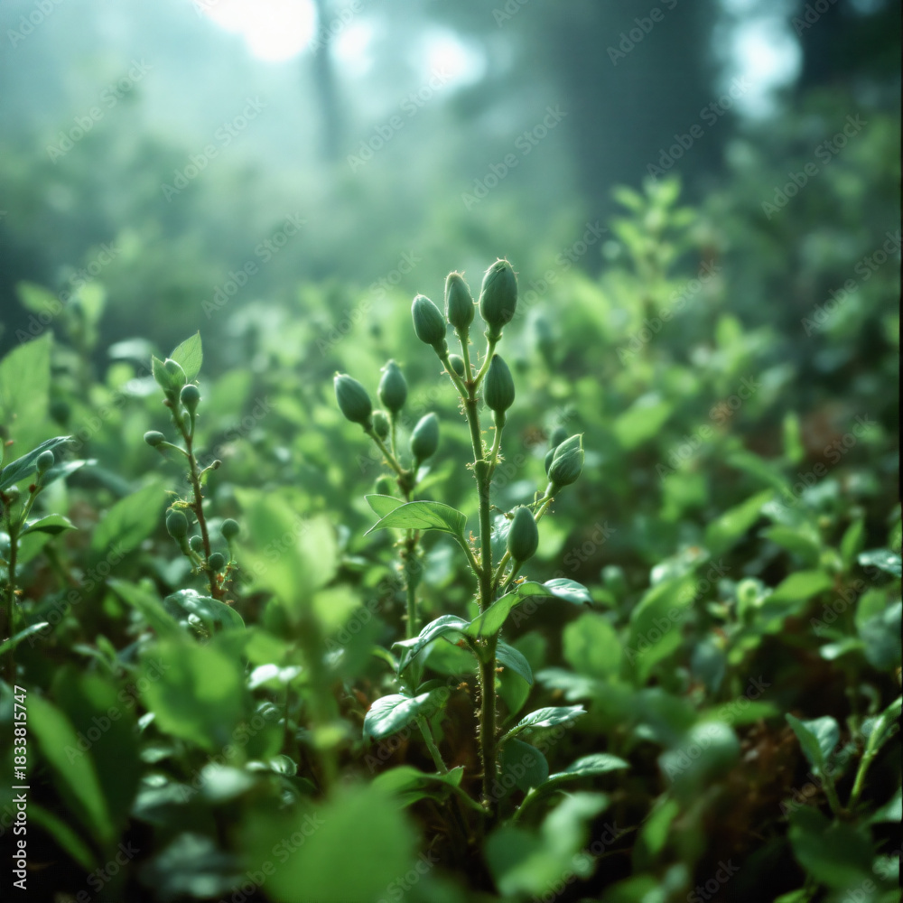 Obraz premium Close-up of vibrant green plants with developing buds in a soft, misty forest environment.