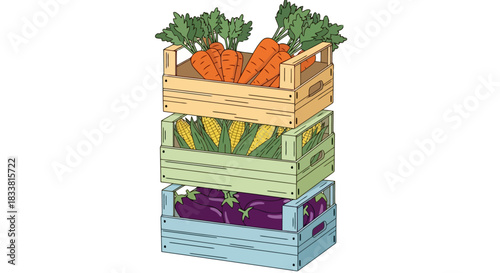 Boxes of fresh produce carrots, corn, and eggplant