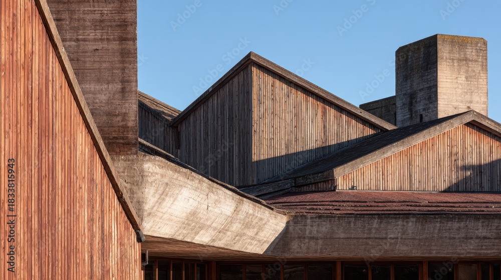 Obraz premium Geometric Wooden Building Exterior Under Clear Blue Sky at Daytime