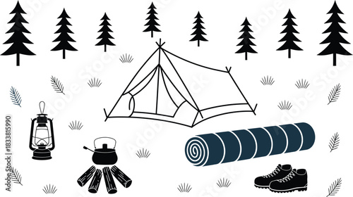 Camping Gear and Forest Scene Illustration