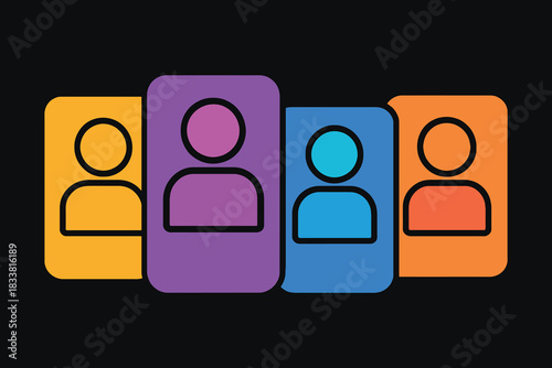 Four colorful abstract human figures in a row on a black background
