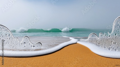 Fototapeta Naklejka Na Ścianę i Meble -  A beautiful coastal landscape featuring waves crashing on a sandy beach. The foamy water creates a dynamic and serene scene.