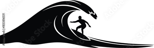 Surfer riding big ocean wave, dynamic black silhouette vector art