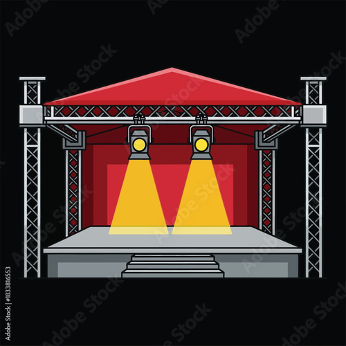 Stage with red roof and spotlights on a black background