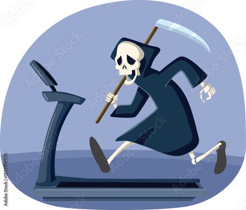 Death Character Running on a Treadmill Cartoon Illustration. Conceptual image of the undead being sporty doing cardio following healthy lifestyle

