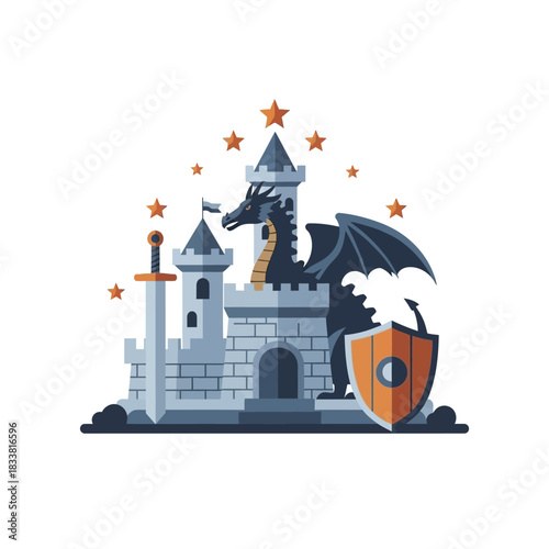Fantasy Castle with Dragon, Sword, and Shield Illustration.