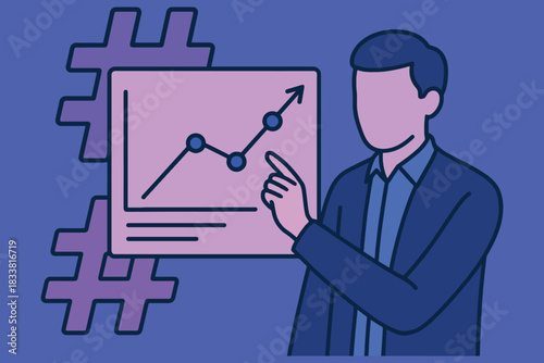 Man points to a rising graph on a screen with hashtags