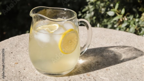 Refreshing pitcher of lemonade with ice and lemon slices on a stone surface outdoors.