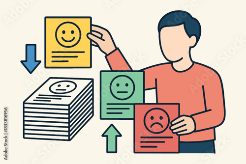 Person choosing a positive feedback card from a selection of emotions