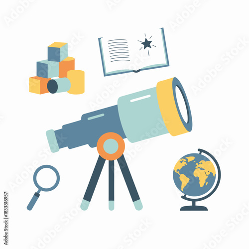 Illustration of a telescope, building blocks, open book, magnifying glass, and globe, representing childhood learning and scientific exploration.
