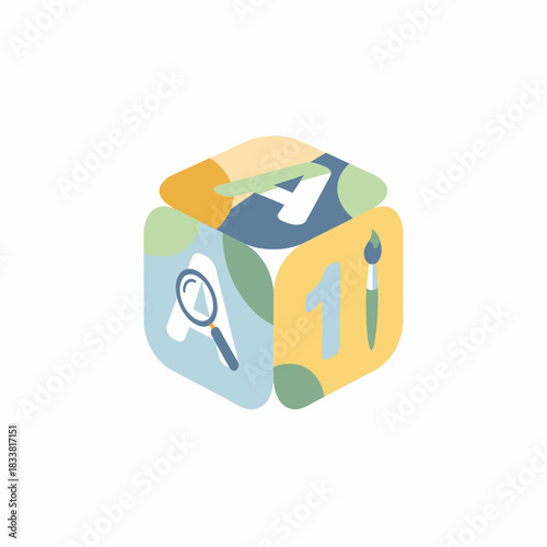 A colorful 3D cube featuring symbols for learning, creativity, and analysis, representing a multi-faceted approach to education or problem-solving.